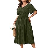 RWJ Women's Plus Size Maxi Dress V Neck Short Sleeve Swiss Dot A Line High Waist Boho Swing Casual Summer Dresses