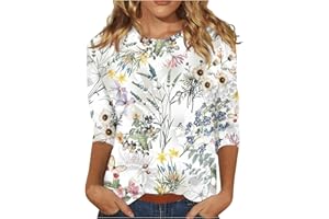 WJDNHKYD 3/4 Length Sleeve Womens Tops 2024 Floral Print Vintage Casual Loose with Round Neck Plus Size Shirts