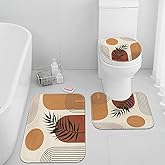 Britimes Boho Mid Century Bathroom Rug Set of 3 Brown Abstract Minimalistic Arch Beige 3 Pieces Bath Mats Set No Slip Washable Cover Floor Rug Decorations for Bathroom