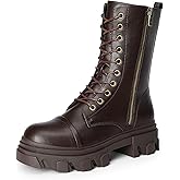 DREAM PAIRS Women's Combat Boots Lace up Mid Calf Boots Low Heel Chunky Platform Lug Sole Riding Boots