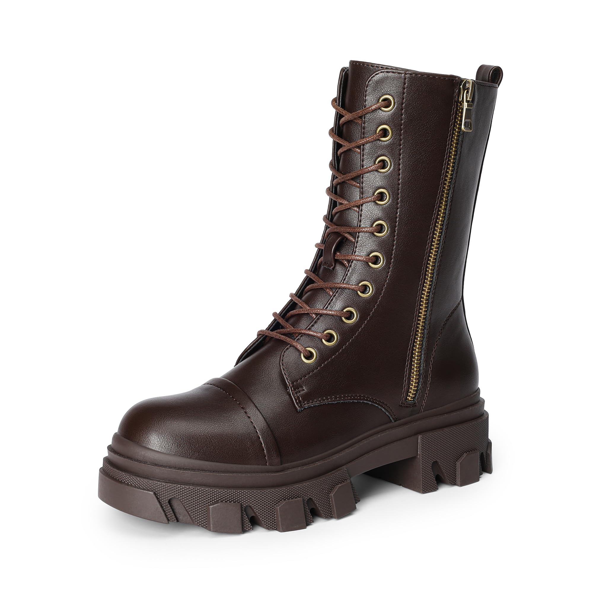 Photo 1 of DREAM PAIRS Women's DMB215 Combat Boots Lace up Mid Calf Boots Low Heel Chunky Platform Riding Boots, Brown PU, Size 8