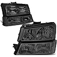 DNA MOTORING Pair Headlight Assembly Compatible with 2003-2006 Chevy Silverado 1500 2500 3500 1500 HD 2500 HD Avalanche 1500 2500, w/o Factory Cladding, Smoked/Clear, HL-OH-CS03-4P-SM-CL1