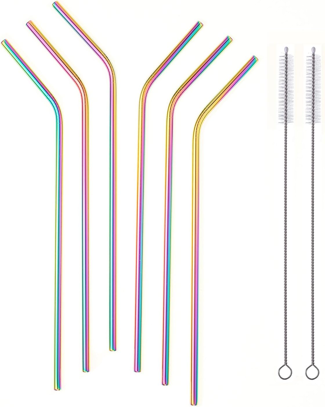 KOKER Set of 6 Stainless Steel Drinking Straws, FDA-Approved Rainbow 8.5'' Drinking Metal Straws For 20 30oz Stainless Tumblers Rumblers Cold Beverage (6 Bent + 2 Brushes)