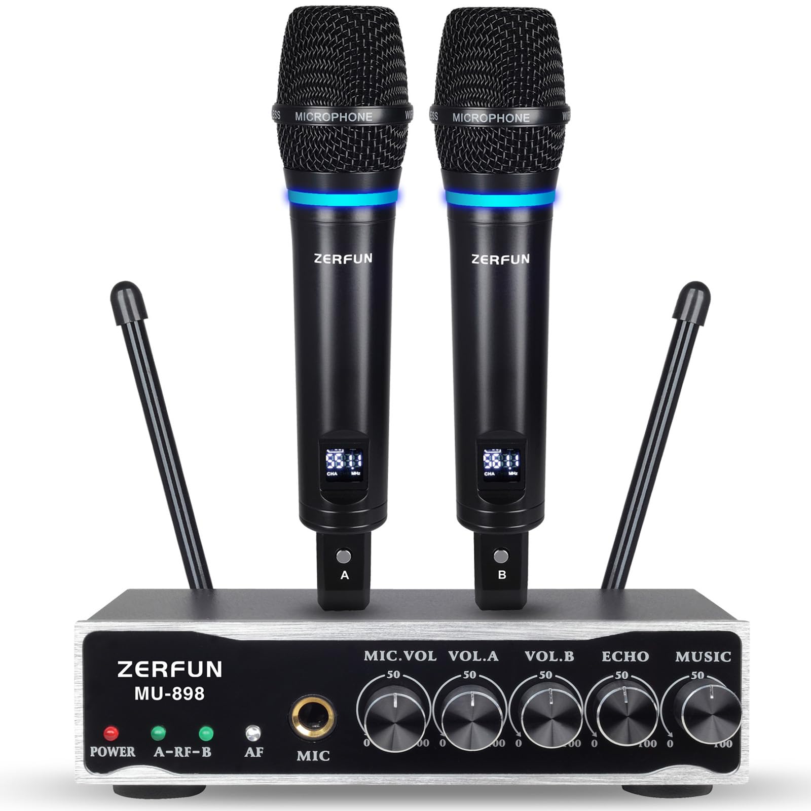 Photo 1 of ZERFUN 2 Channel Rechargeable Wireless Microphone System, Pro UHF Metal Handheld Wireless Microphones Cordless Mics with Echo Bluetooth VOL Channel Control for Karaoke Singing Church(MU-898)