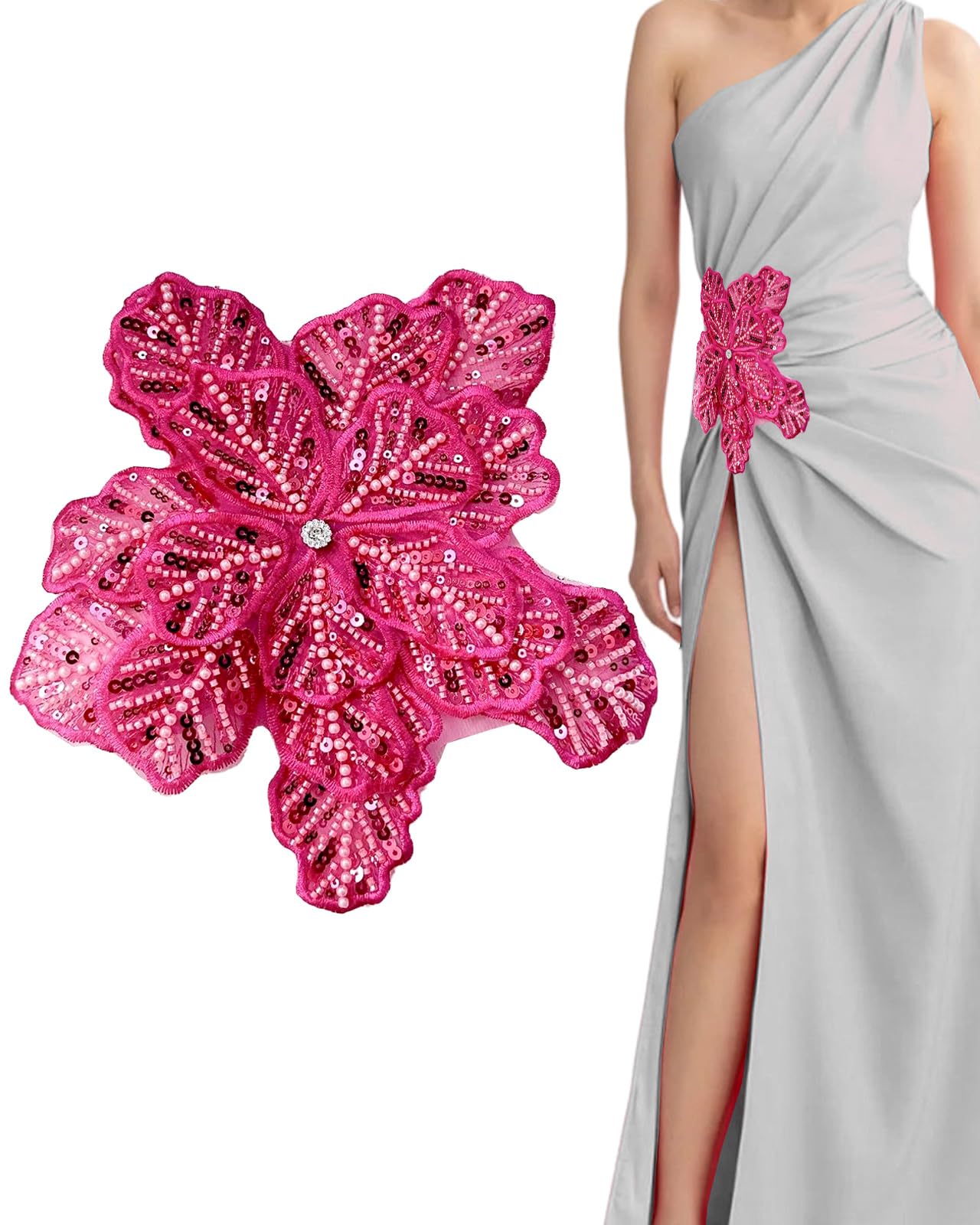 Photo 1 of 1pc Handmade Large Flower Rhinestone Applique for Clothes, Sparkly Sequin Beaded Patches for Wedding Dress, Embroidery Lace Sewing Patches for Bodice Hat Jean Jacket (Hot Pink)