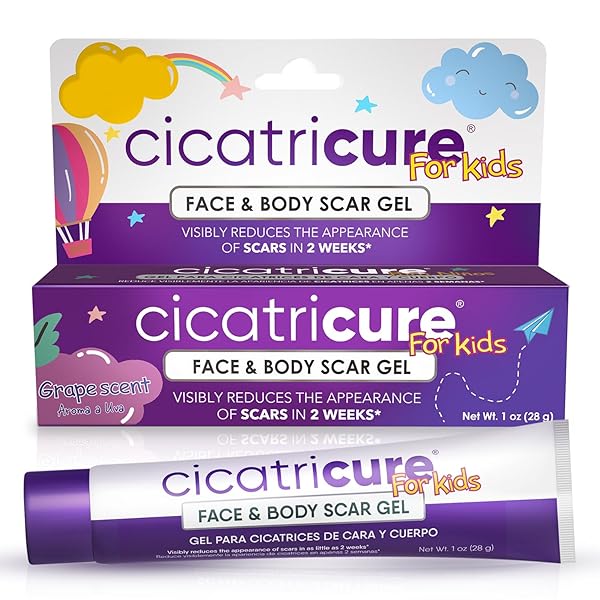 CICATRICURE ADVANCED SCAR GEL FOR KIDS, GENTLE FORMULA TO IMPROVE THE APPEARANCE OF SCARS, HELPS SMOOTH AND SOFTEN SKIN, FOR FACE AND BODY, GRAPE SCENT, 1 OZ