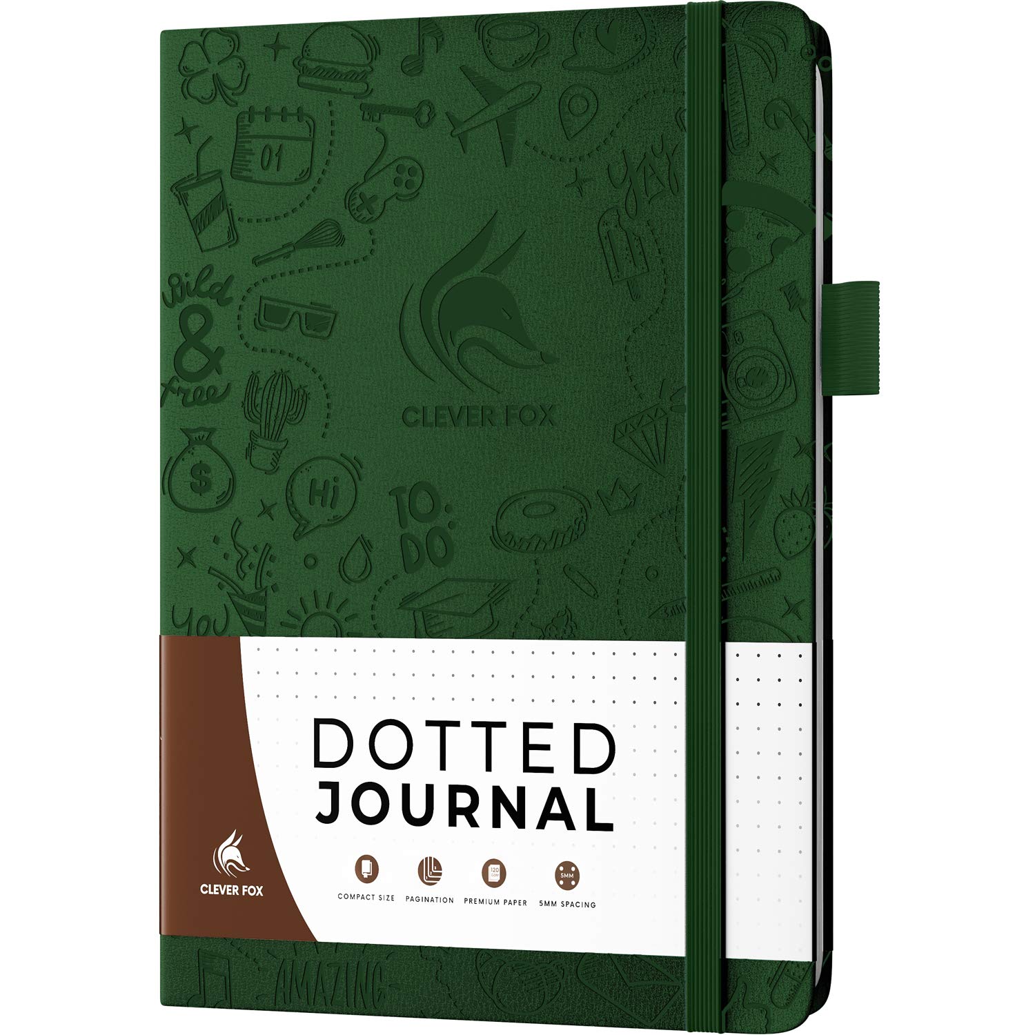 Clever Fox Dotted Journal 2.0 – Compact Planning and Sketching Dot Grid Notebook 120 GSM Thick, No-Bleed Paper – Planner with Pen Loop, Pocket, Ribbons, Stickers – A5 – Forest Green