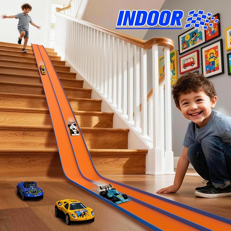 Flexible Autorennbahnen, 4.5M Autorennbahn Inklusive 6 Autos Tragbare Dual Rennstrecke Rampen für 1/64th Autos Spielzeug Geschenk für Kinder ab 3+ Jahr