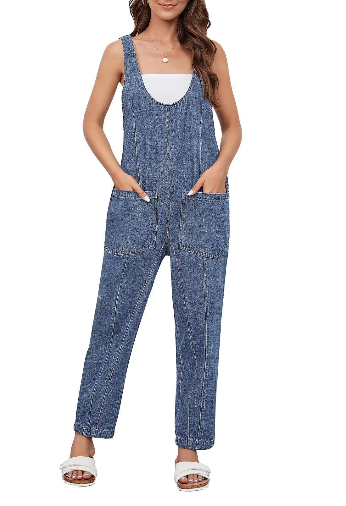 Photo 1 of Pink Queen Women's Retro Revolt Dungaree Utility Denim Jumpsuit Overalls Scoop Neck Wide Legs Baggy One Piece Jean Overall Jumpsuits Light Blue S