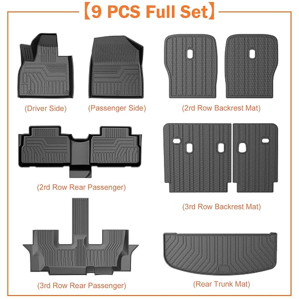 KUST FLOOR MATS SET FOR 2020-2025 KIA TELLURIDE ACCESSORIES (7 SEATS), REAR CARGO TRUNK LINER WITH 2ND/3RD ROW BACKREST KICK MAT ALL WEATHER PROTECTION TPE RUBBER RAISED EDGE, FULL SET OF 9PCS