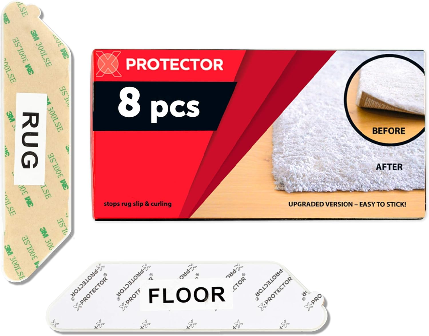 Rug Grippers X-PROTECTOR – Best 8 pcs Anti Curling Rug Gripper. Keeps Your Rug in Place & Makes Corners Flat. Premium Carpet Gripper with Renewable Gripper Tape –Ideal Anti Slip Rug Pad for Your Rugs: Furniture & Decor
