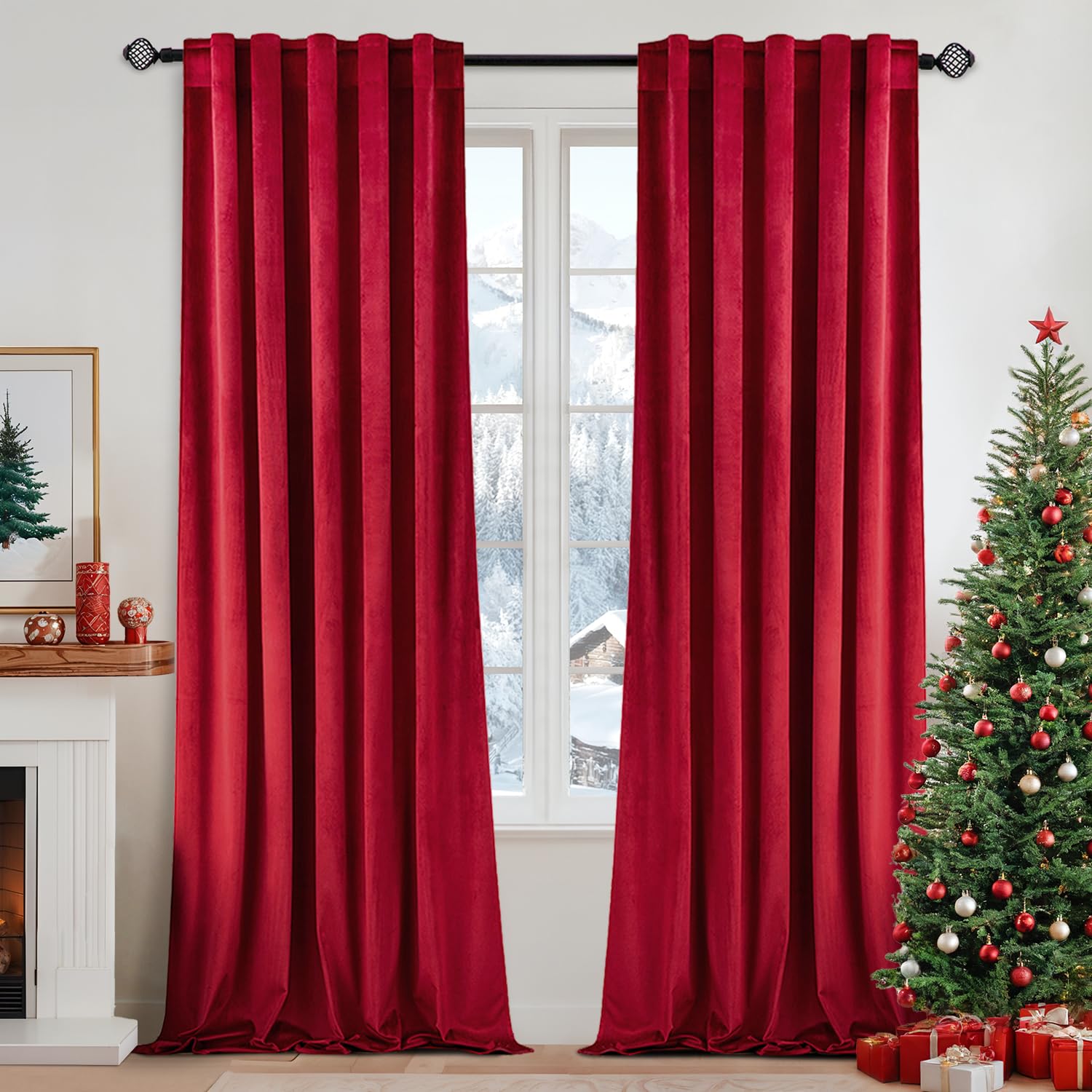 MIULEE Velvet Curtains Luxury Blackout Curtains for Bedroom Living Room Thermal Insulated Super Soft Window Drapes Rod Pocket & Back Tab Christmas Decor, Red, W52 x L72 inches, 2 Panels Image