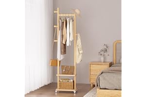 TAITIY Solid Wood Coat Rack Freestanding Clothing Rack with Wheels & 2 Shelves Storage & 5 Hooks Heavy Duty Clothes Rack Wood Coat Tree Stand Hat Hanger Rack for Corner Bedroom Entryway Living Room Hotel