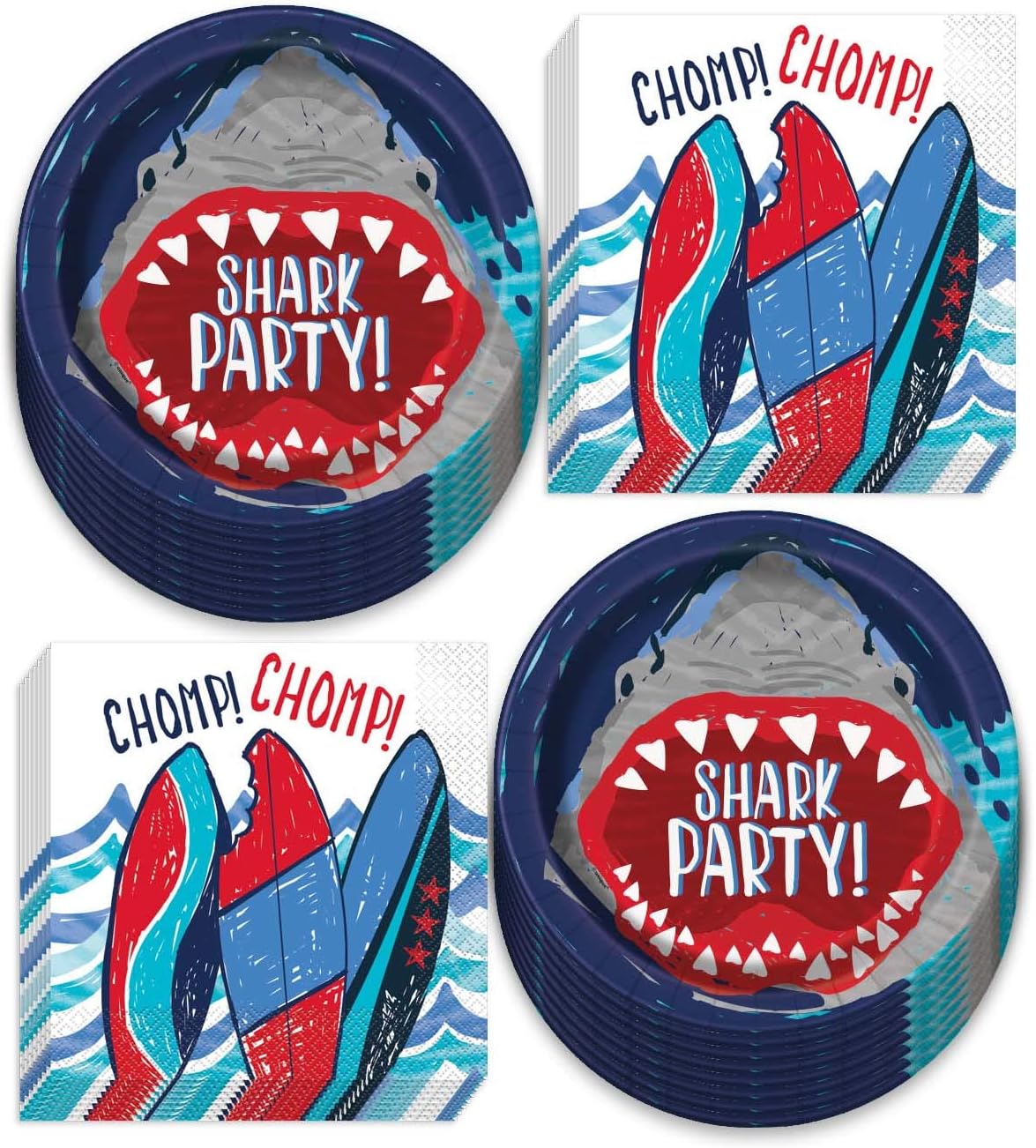 Shark Party Supplies - Shark Paper Dinner Plates and Shark Bite Surfboard Luncheon Napkins (Serves 16)