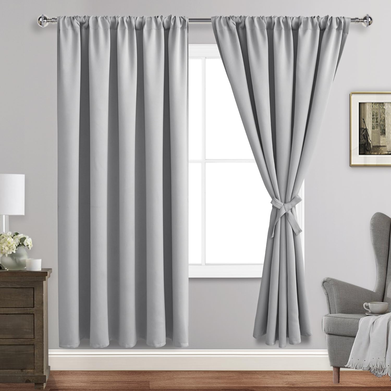 JIUZHEN Silver Grey Curtains for Bedroom - Thermal Insulated Blackout Curtains with Tiebacks 2 Panels, Room Darkening Rod Pocket Curtains for Living Room, 60 x 72 Inch Length Image