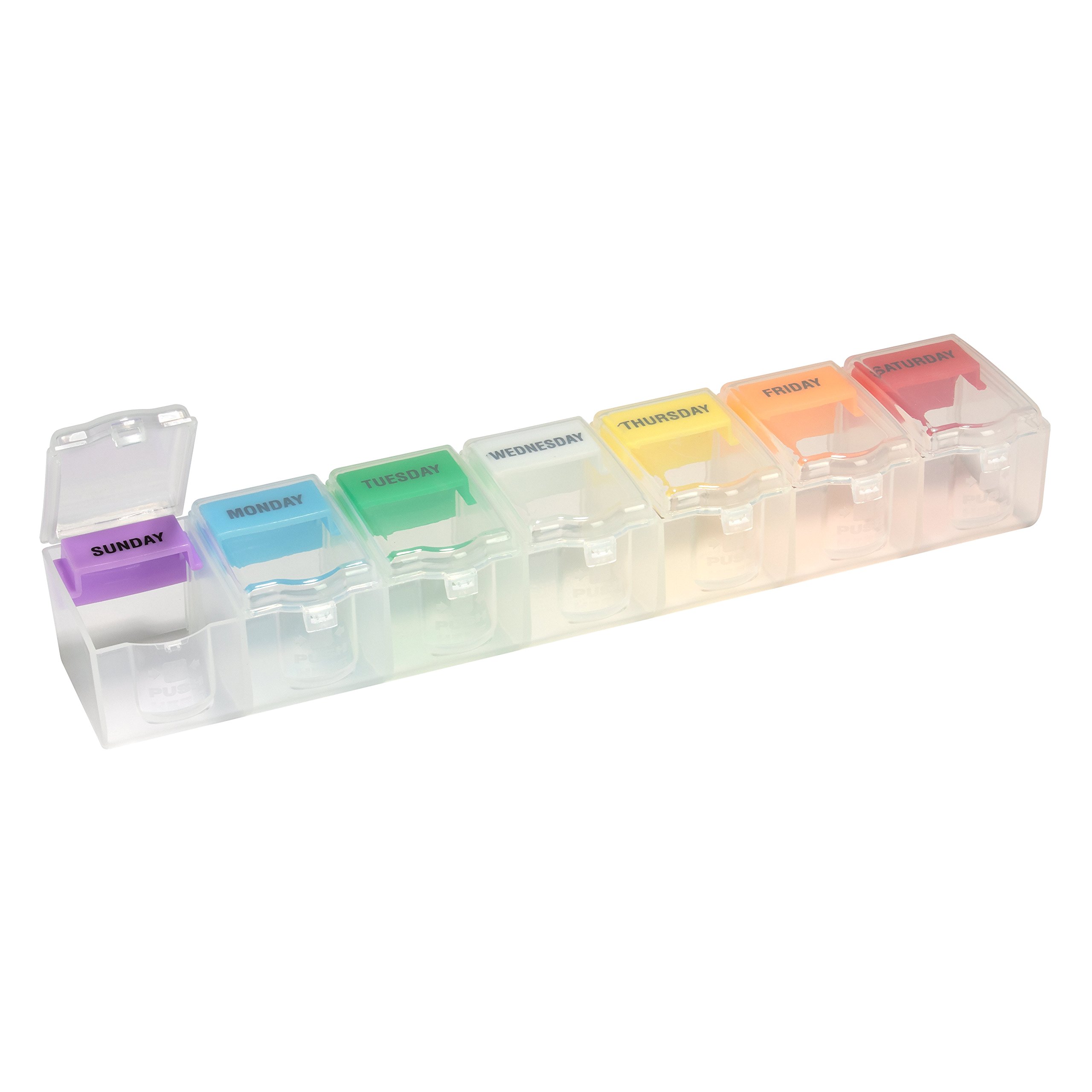 Ezy DoseWeekly (7-Day) Pill Organizer, Vitamin and Medicine Box, 2X-Large Push N' Pop Compartments, Customizable Clear Lids