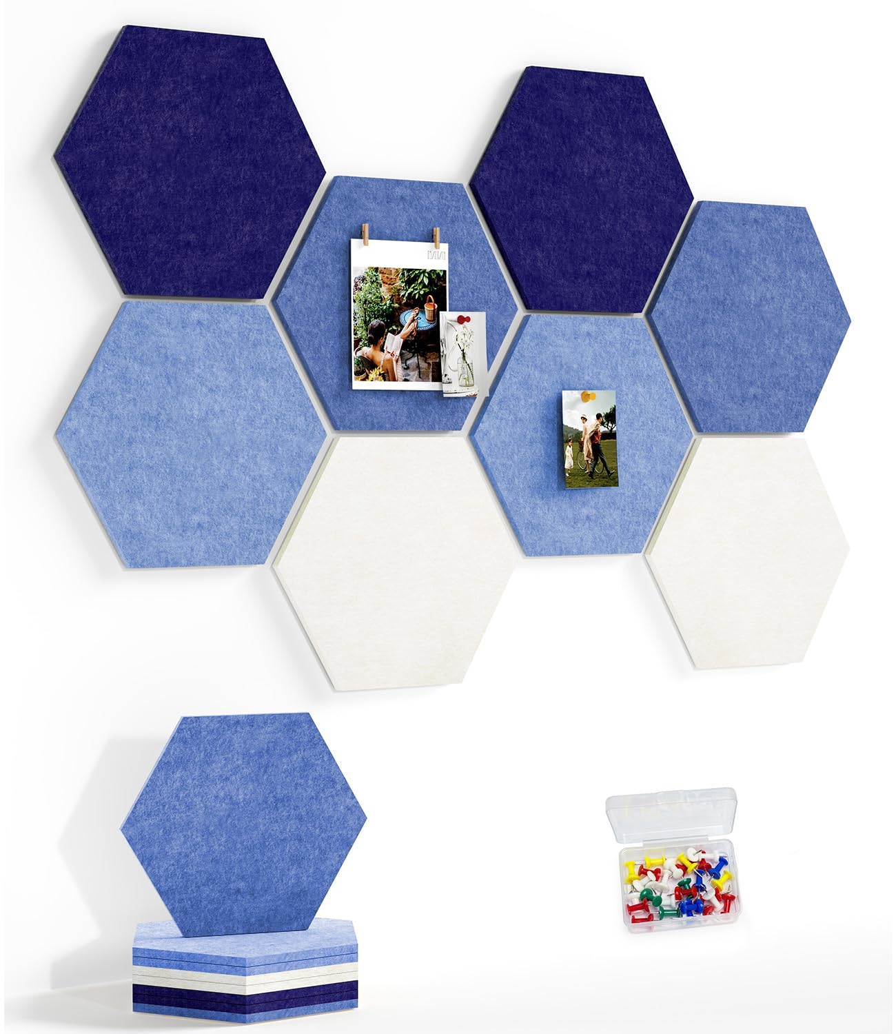 Uoisaiko 30cm Large Felt Hexagon Bulletin Board with 30 Push Pins, Pack of 8 Pin Board Notice Boards for Home Office Kitchen, Felt Wall Tiles for Photos Memos