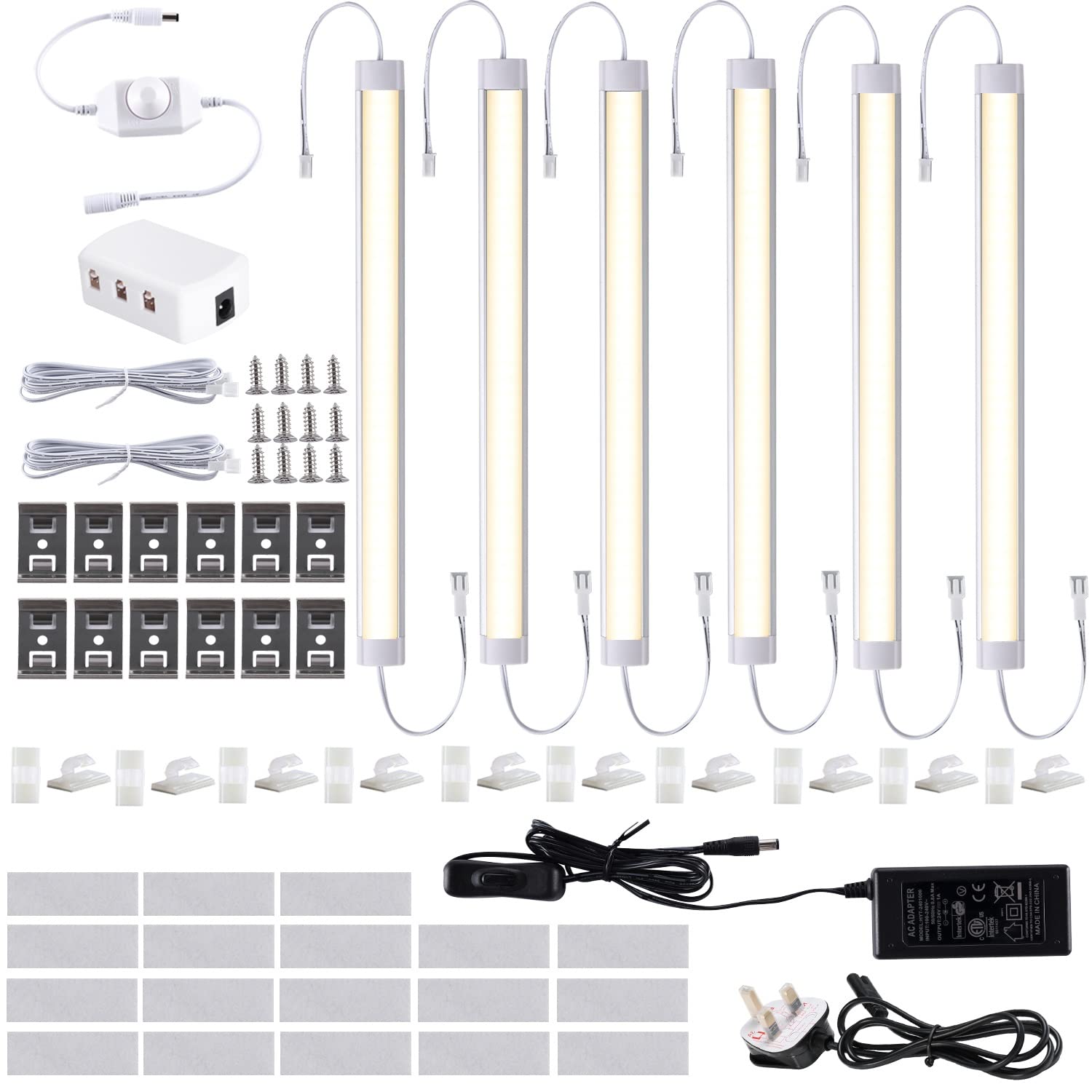 LABOREDUCER LED Under Cabinet Lighting Kit - 6 Pack Cabinet Strip Lights with Rotary Dimmer & 11Inch 24V Plug in Cupboard Lights Linkable Bar Lights for Kitchen丨Cupboard丨Counter丨Closet丨Showcase