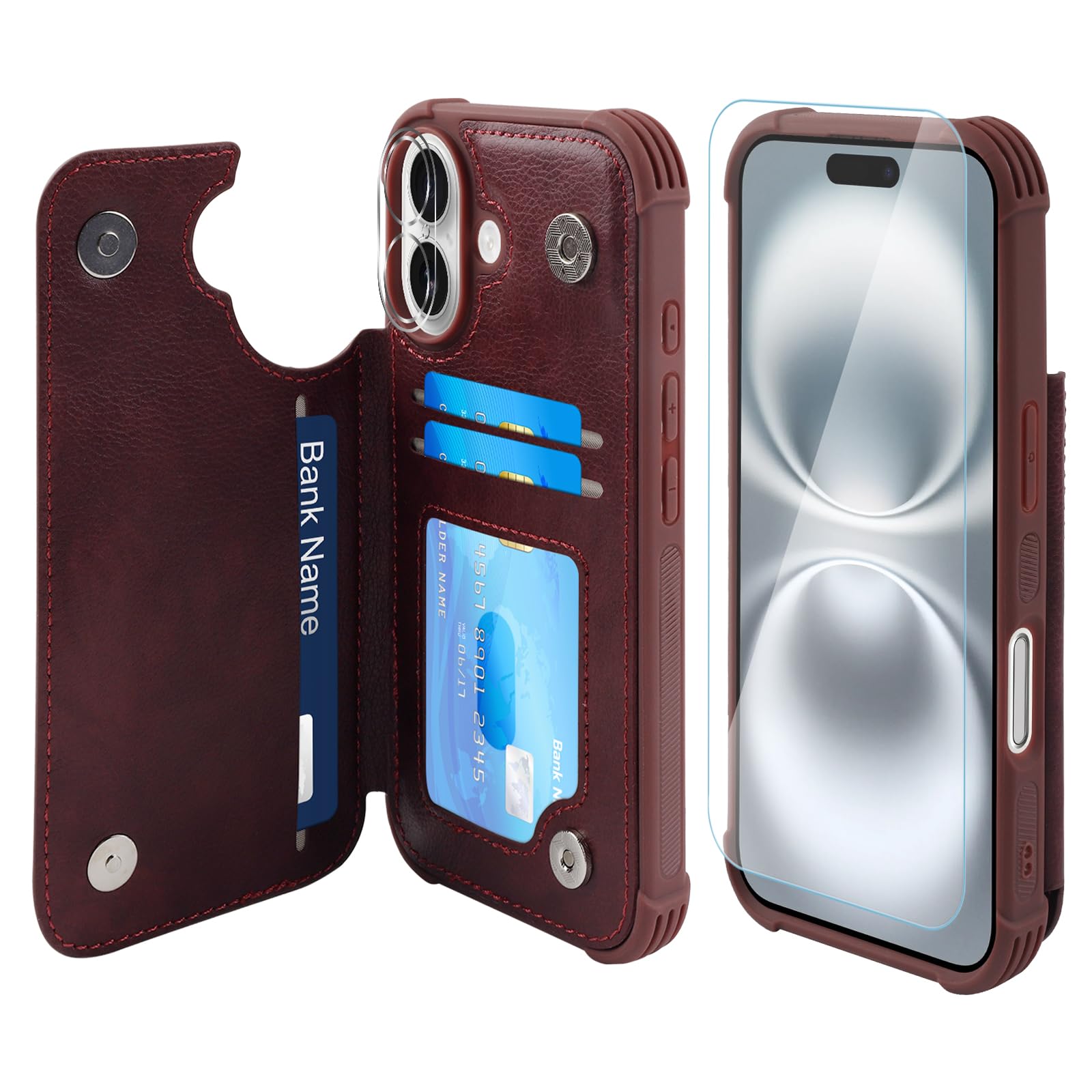 VANAVAGY Compatible for iPhone 16 Plus Wallet Case with Credit Card Holder,Rfid Leather Flip Folio Phone Cover Fits Magnetic Car Mount and Stand with Screen Camera Protector,burgundy
