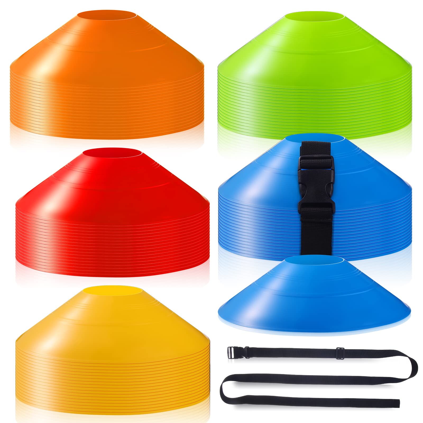 Photo 1 of 100 Pcs Soccer Cones with Strap Agility Disc Training Soccer Cones Drills Mini for Challenge Football Basketball Skating Kids Games Outdoor Indoor Discs with Straps