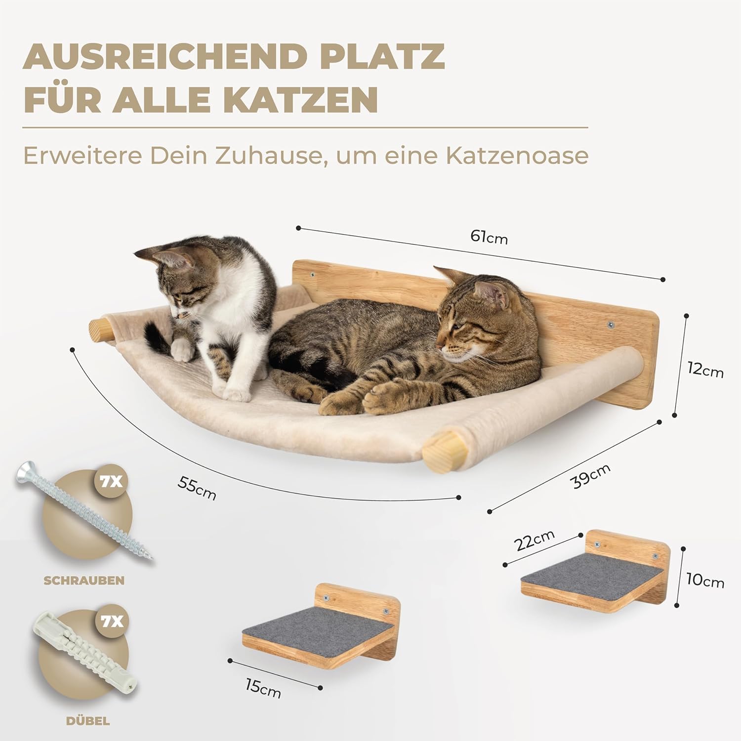 WOOWOOD® Kletterwand Katzen inkl. 2X Katzentreppe Wand [Massivholz] I Kratzbaum Wand I Hängematte Katze I Katzenwand I Wandkratzbaum I Katzenmöbel I Katzen Kletterwand 2