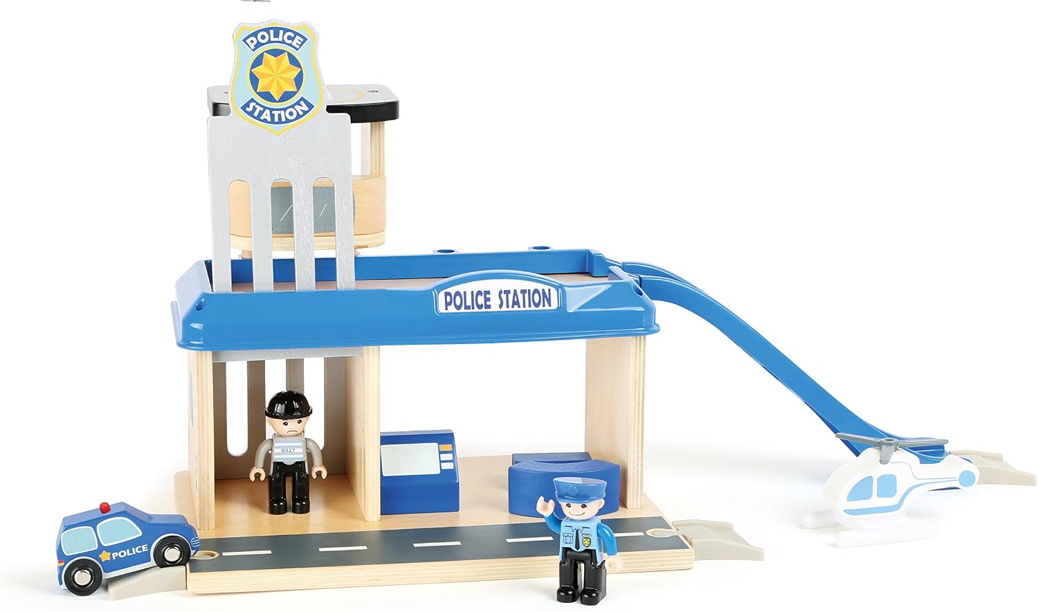 Small Foot 10899 Police Station Natural 100% FSC-Certified Wood, with helipad and car ramp, Parking Deck, Prison Cell - Image 4