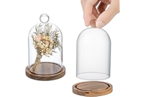 MyGift Mini Clear Glass Bell Display Cloches with Premium Acacia Solid Wood Base, Decorative Dome Cover Stands for Small Heirloom Jewelry Curios Keepsakes, Set of 2