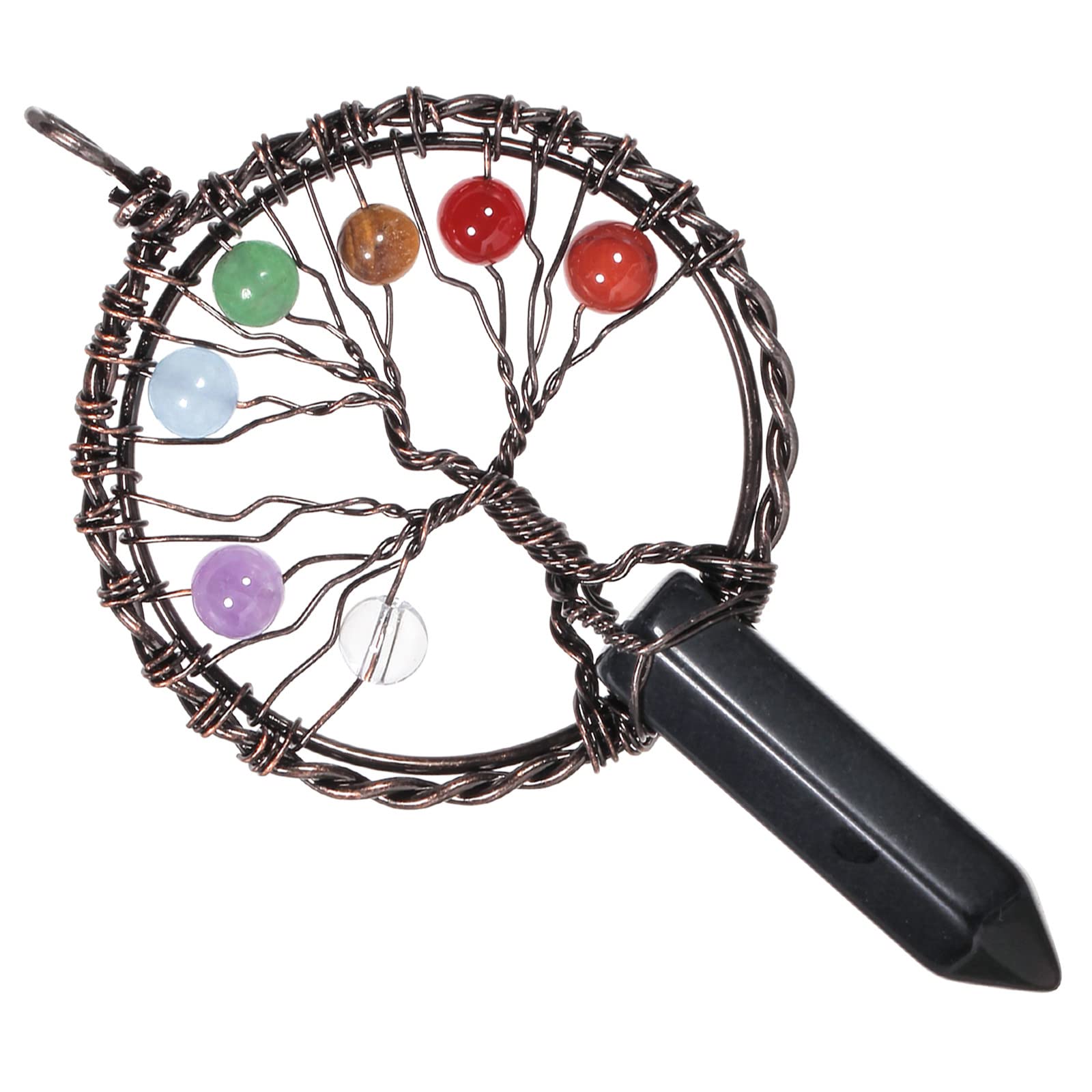 mookaitedecor 7 Chakra Tree of Life Necklace Black Obsidian Crystal Necklace for Women, Brown Healing Crystal Necklace Semi Precious Stone Pendant Necklace Boho Crystal Gemstone Necklace Jewellery