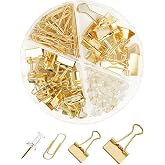 Creechwa Paper Clips Binder Push Pin Set, Assorted Sized Binder Clips | Cute Office Supplies, Aesthetic Desk Accessories Teachers Desk Must Have, Paper Clips and Binder Clips Set, Gold, 1 Pack