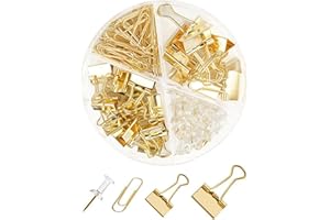 CREECHWA Gold Paper Binder and Clips Set, Metal Assorted Sized Binders with Push Pins, Cute Office Supplies, Teacher Desk Must Haves, Desk Accessories