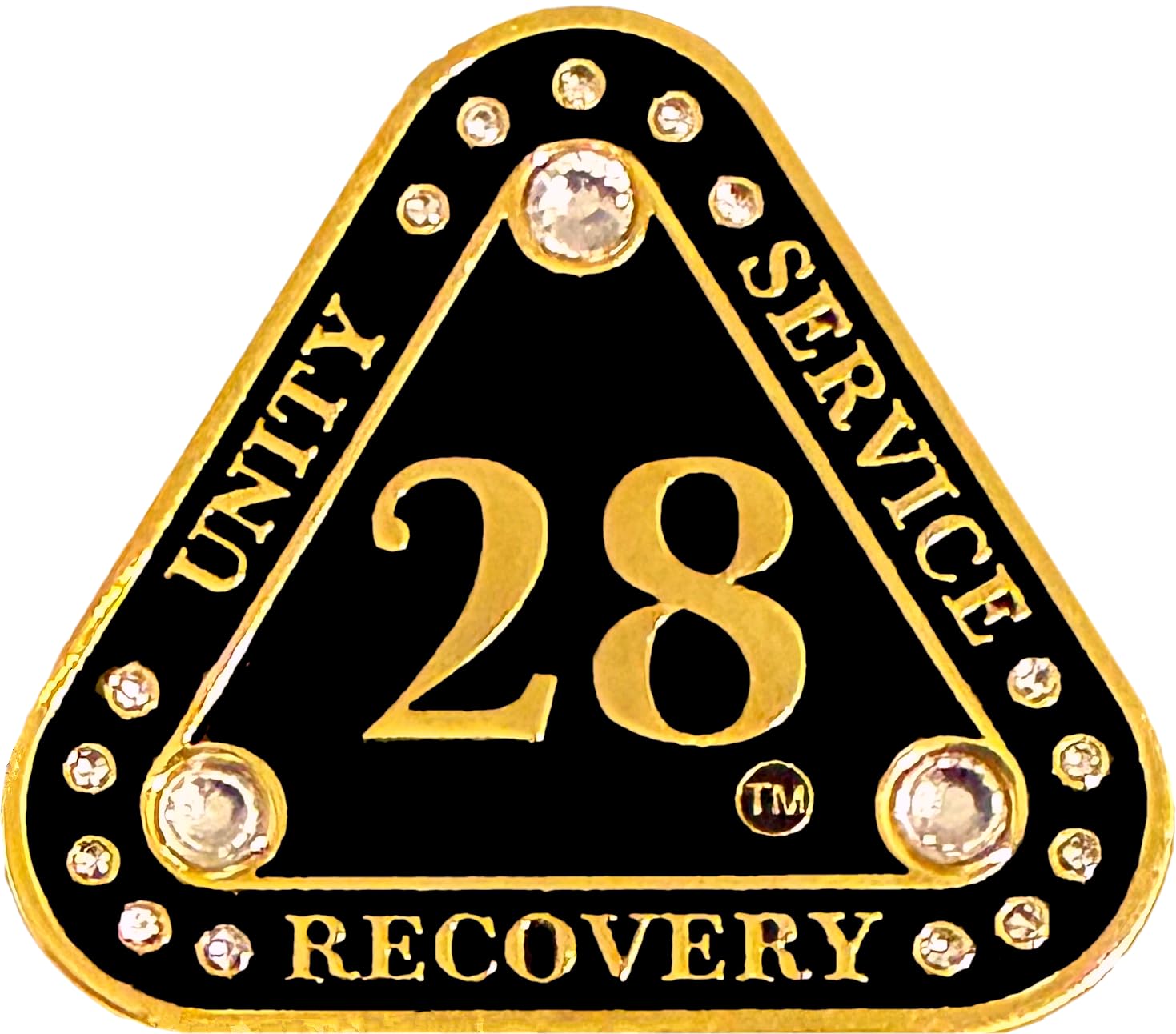 Photo 1 of (1-55 Years) AA 28-Year "Midnight Crystals" Triangle Coin - Alcoholics Anonymous Medallion, AA Sobriety Medallion, Triangular Sobriety Chip, Clear Crystals, Golden, Black Rainbow Glitter