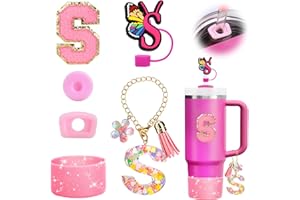 Mity rain 6PCS Cup Accessories Set for Stanley Cup 30oz 40oz, Tumbler Initials Decorations for Stanley, Including Silicone Straw Cover Cap and Boot, Spill Proof Stopper, Handle Charm, Sticker,Letter S