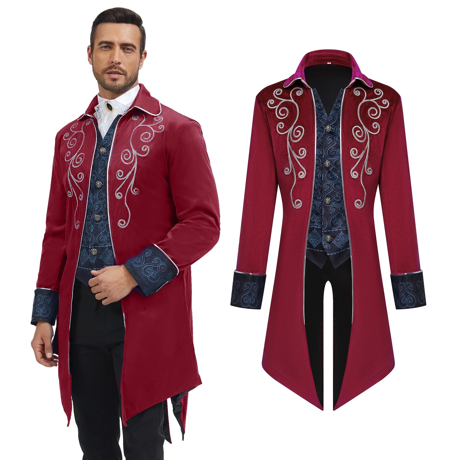 AFJIODUV Steampunk Jacket Men, Long Sleeve Embroidery Vintage Gothic Coat Men Tailcoat Jacket, Mens Victorian Costume for Steampunk-Themed & Dancing Party, Halloween (Red, 2XL)