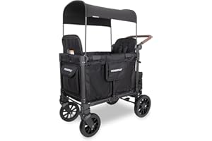 WONDERFOLD W2 Luxe Pro Stroller Wagon (2 Seater) - Collapsible Wagon Stroller with Seats Featuring 5-Point Safety Harnesses and Adjustable Sun Canopy, Jet Black