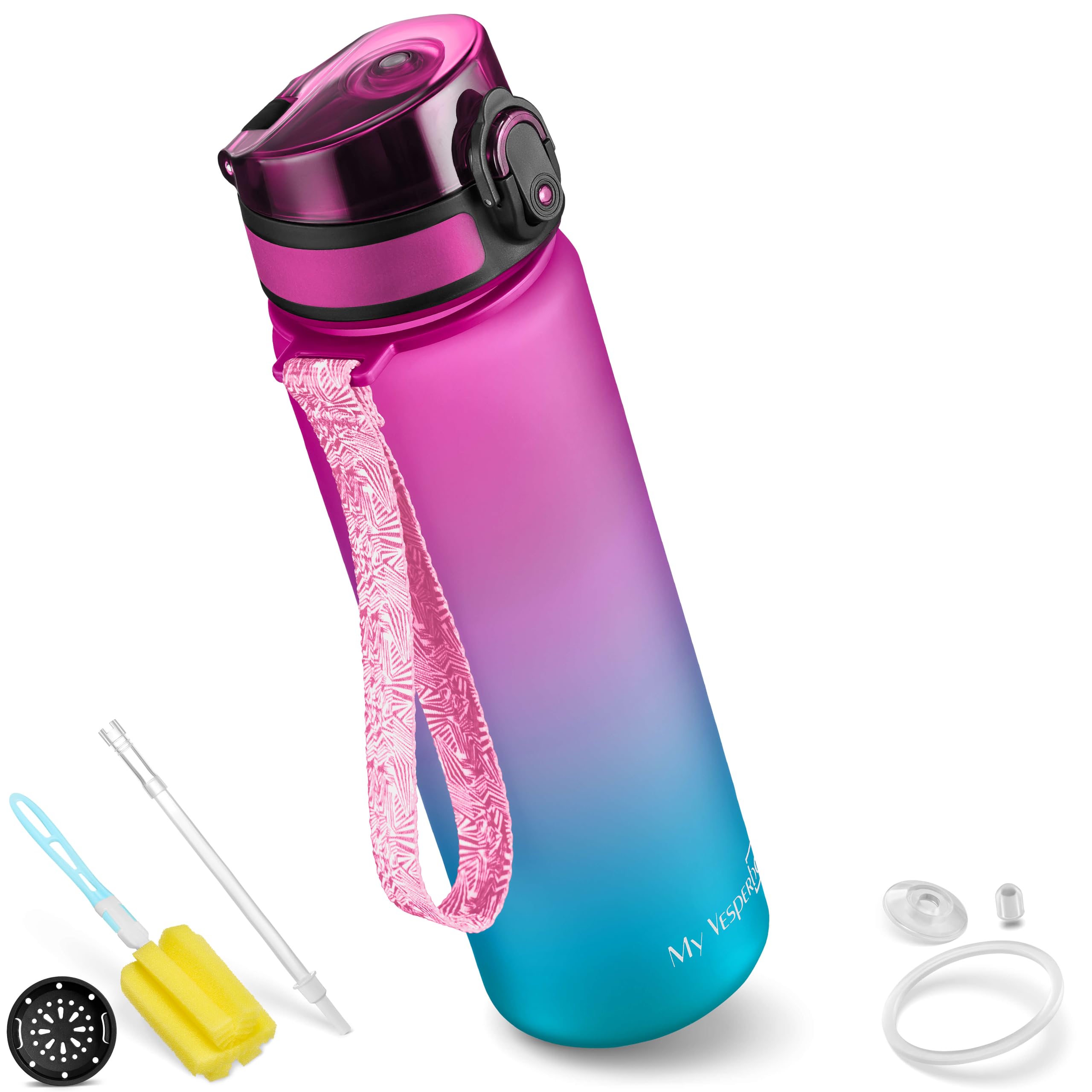 My Vesperbox – Minny - Kinder Trinkflasche auslaufsicher – 500ml – mit Strohhalm oder Sieb - leichte Tritan Wasserflasche - BPA frei - für Kindergarten, Schule (Lila - Blau 500ml)