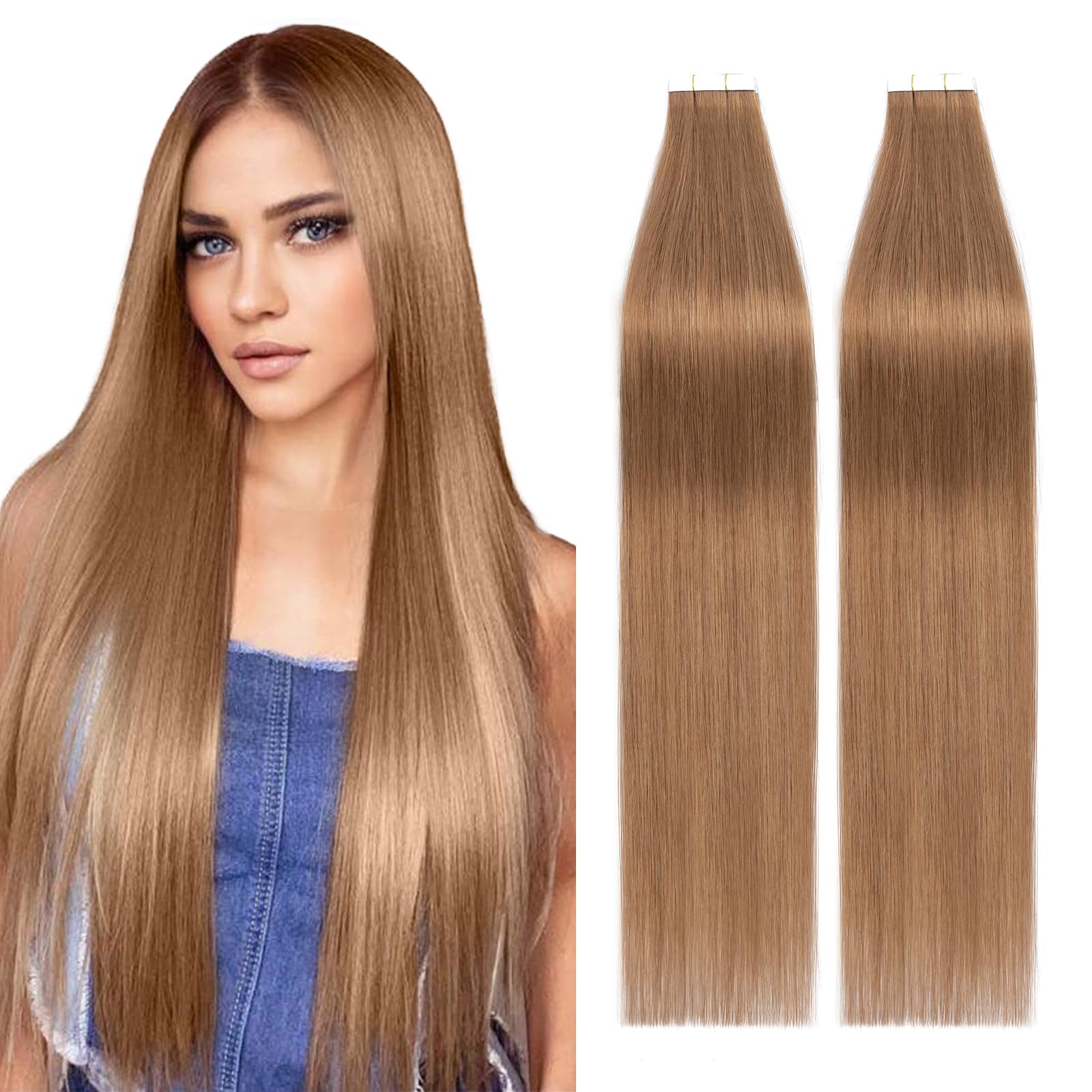 Silk-co Brown Tape in Human Hair Extensions 40pcs Remy Human Hair Straight Skin Weft Hair Extensions 24 inches 100g #06 Light Brown — image 1