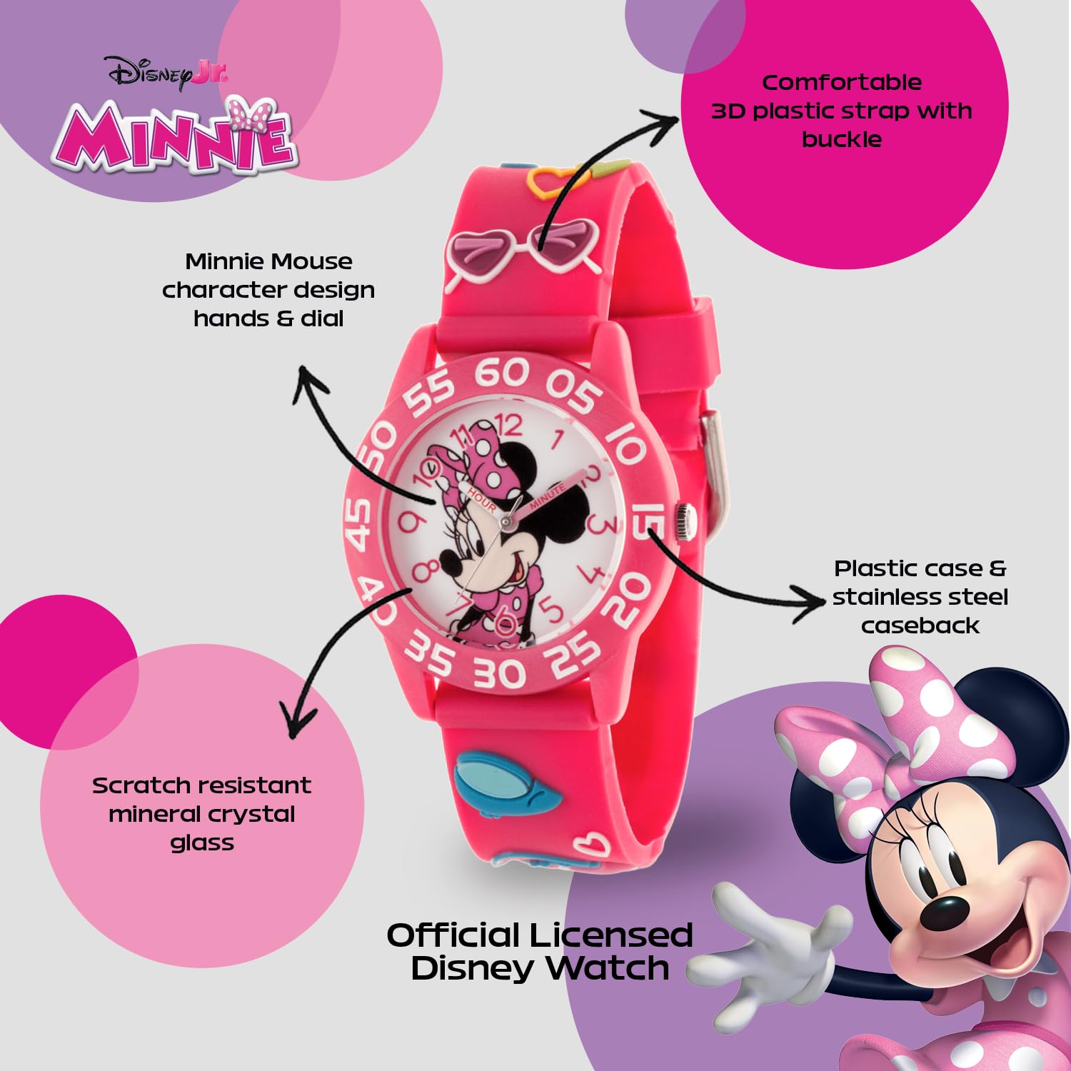 Disney Minnie Mouse Watch for Girls – Perfect Minnie Watch for Toddlers & Young Girls Learning to Tell Time – Cute Watches Kids 3-5 with White Bezel, Easy-Read Dial & Adjustable Nylon Strap
