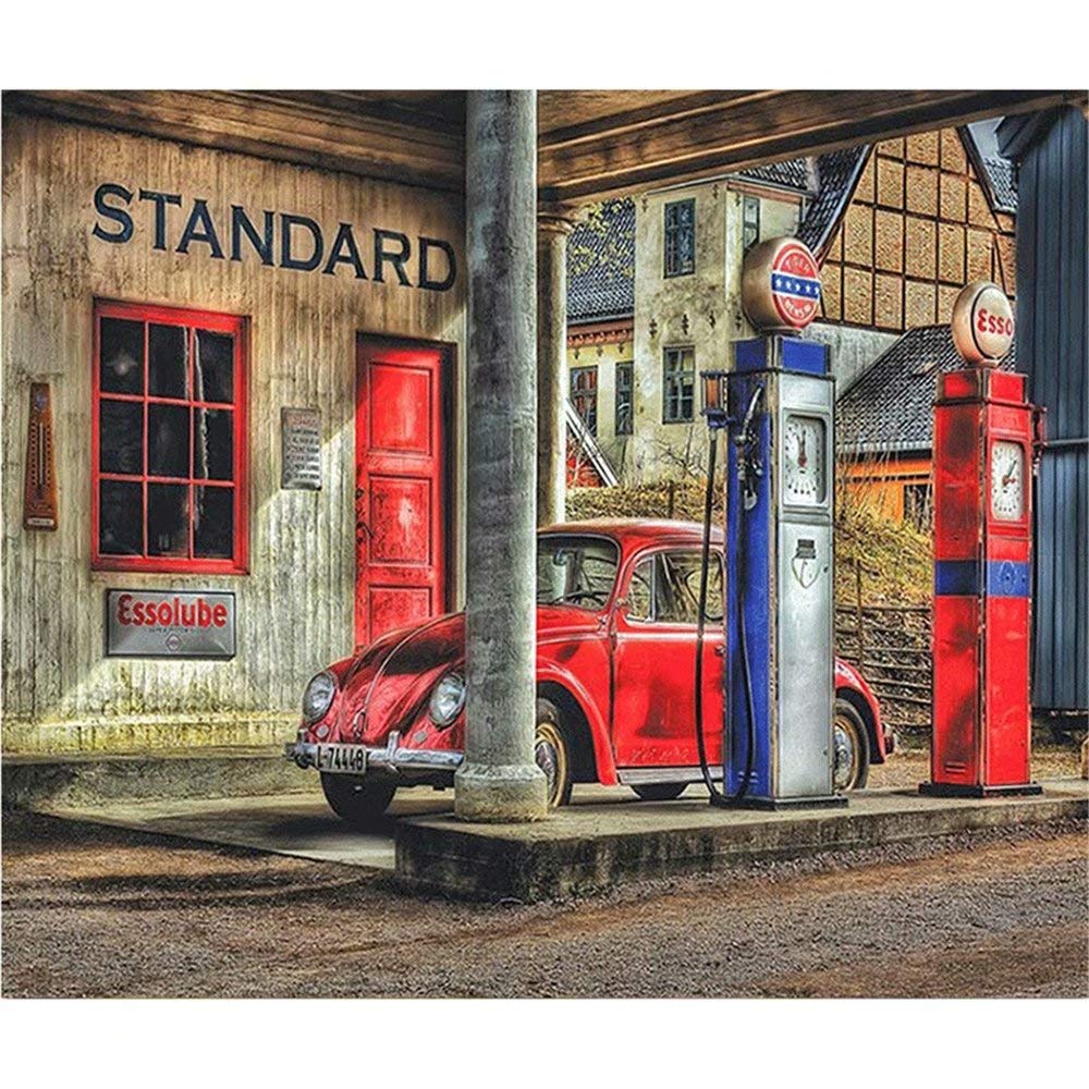 Diy 5D Diamond Sticker Painting Kits Arts Crafts - Retro Red Car Gas Station(Frameless)