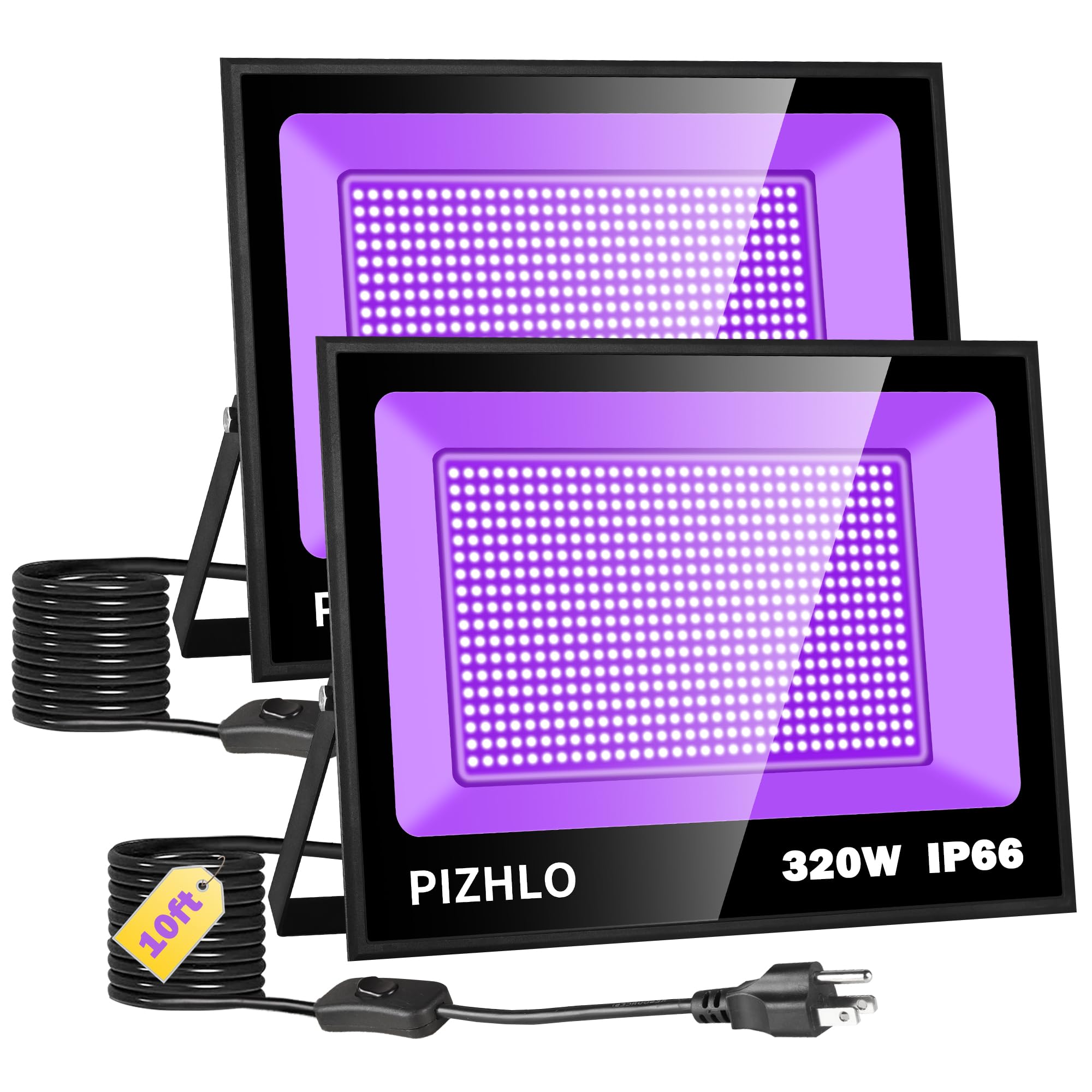 Photo 1 of 2 Pack 320W LED Black Light, Blacklight Flood Light with Plug & Switch, IP66 Waterproof Outdoor Blacklight Floodlight for Halloween Fluorescent Poster Body Paint Neon Glow in The Dark Stage Lighting