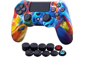 YoRHa Water Transfer Printing Camouflage Silicone Cover Skin Case for Sony PS4/slim/Pro Dualshock 4 Controller x 1(Colourful Stream) with Thumb Grips x 10