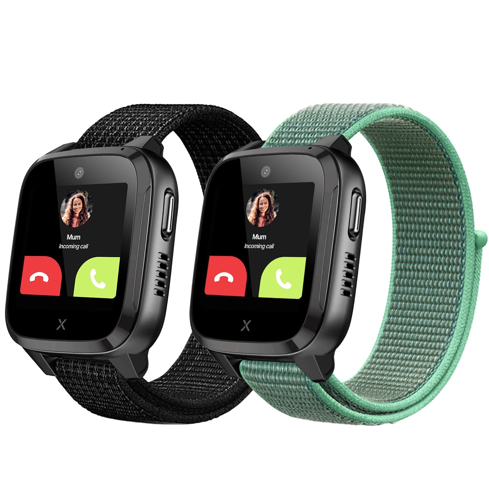 Snyeest 2pc Nylon Compatible with Xplora X5 Play/XGO 2/XGO 3/Kidzi Wristband, Kids Smartwatch Fastener Girls Boys Adjustable Replacement Wristbands,Black+Green