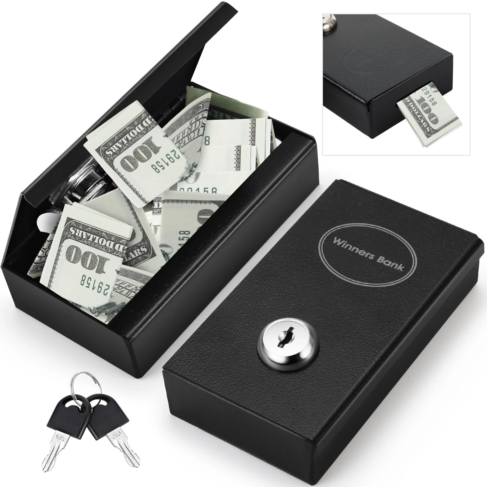 Photo 1 of Reallnaive 1 Pack Metal Box for Gamblers Pocket Sized Winner Bank Casino Cash Box with 2 Keys Portable Casino Money Safe strongbox for Cash Saving Go Home Money Gifts(Black)