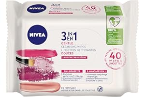 NIVEA 3-in-1 Gentle Face Cleansing Wipes Dry and Sensitive Skin (40 Count), Biodegradable Wipes Made from 100% Plant Fibres, 