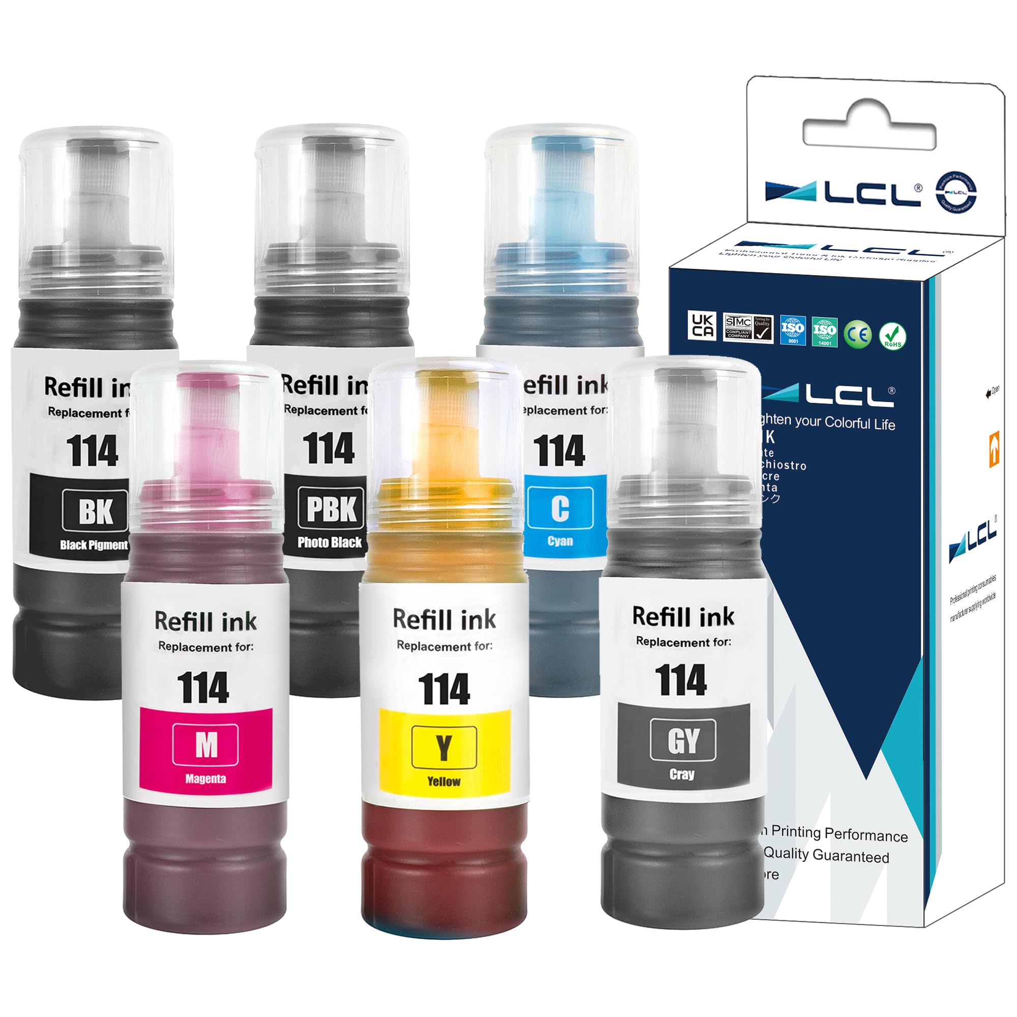 LCL 114 Ink Bottle Replacement for Epson 114 Ink Refill Bottle Multipack Compatible with EPSON ECOTANK ET-8500 ET-8550 (6 Pack KPBCMYGY)