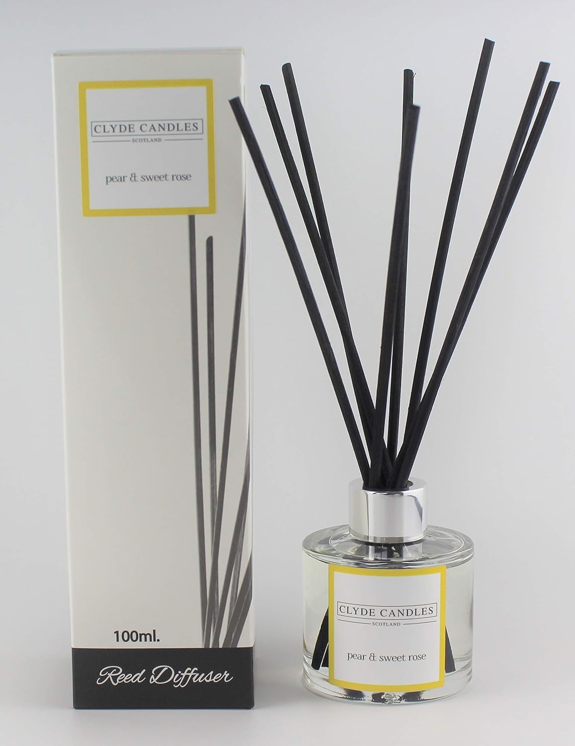 Pear & Sweet Rose Reed Diffuser, Clyde Candles, Luxury Diffuser Oil with a Set of 7 Fibre Sticks, 100ml