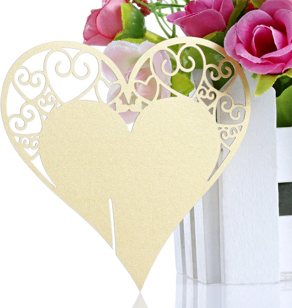 The Cheers 50Pcs Heart Shape Wine Glass Place Cards Wedding Birthday Party Table Decoration (Golden)