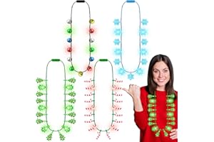 TRAPLACE Christmas Party Favors, 4PCS Christmas Necklace Light Up, LED Christmas Accessories, 3 Modes Christmas Bell Necklace with 6 Bulbs Xmas Tree Candy Cane Christmas Light Necklace Kids New Year Bulk