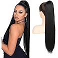FLUFYMOOZ ponytail extension, 26 Inch Long Straight Drawstring Ponytail Synthetic Hairpieces Fake Pony Tails Natural Soft Clip in Hair Extension ponytail for Women (Natural Black)