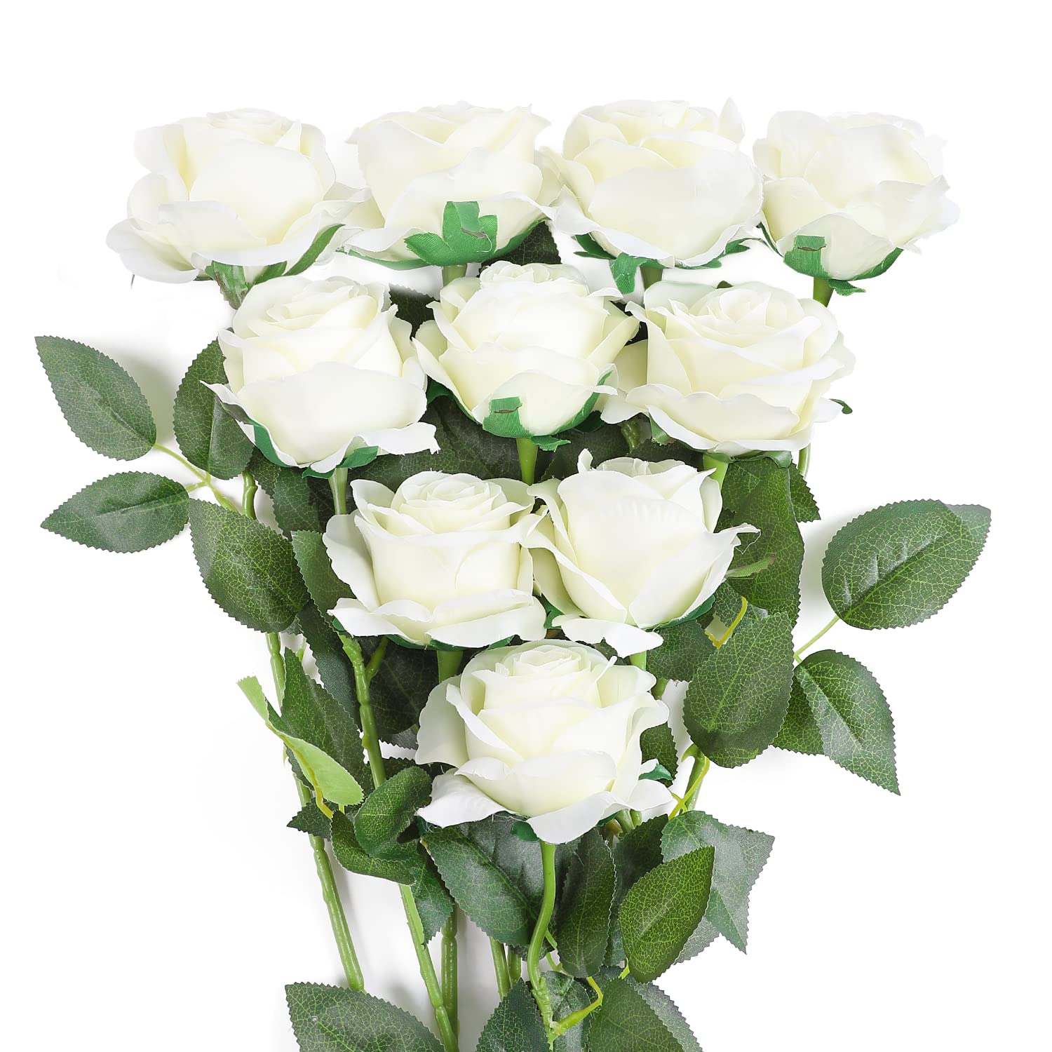 JUSTOYOU Rose Artificial Silk White Rose Flowers Single Long Stem Fake Rose Bouquet Home Office Wedding Arrangements (10 PCS)