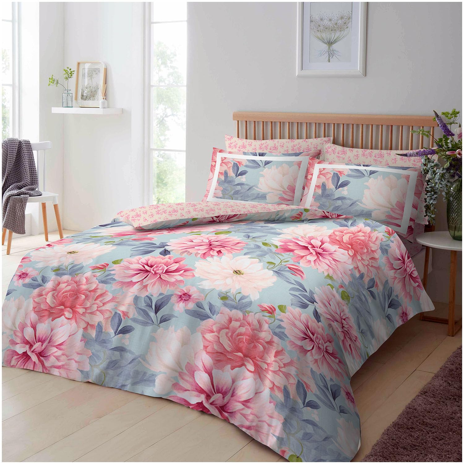 GC GAVENO CAVAILIA Reversible Duvet Cover Double Bed - Blossom 3 Piece Double Bedding Set (200 x 200 m) with Button Closure - Easycare Washable Quilt Covers - Blush Pink